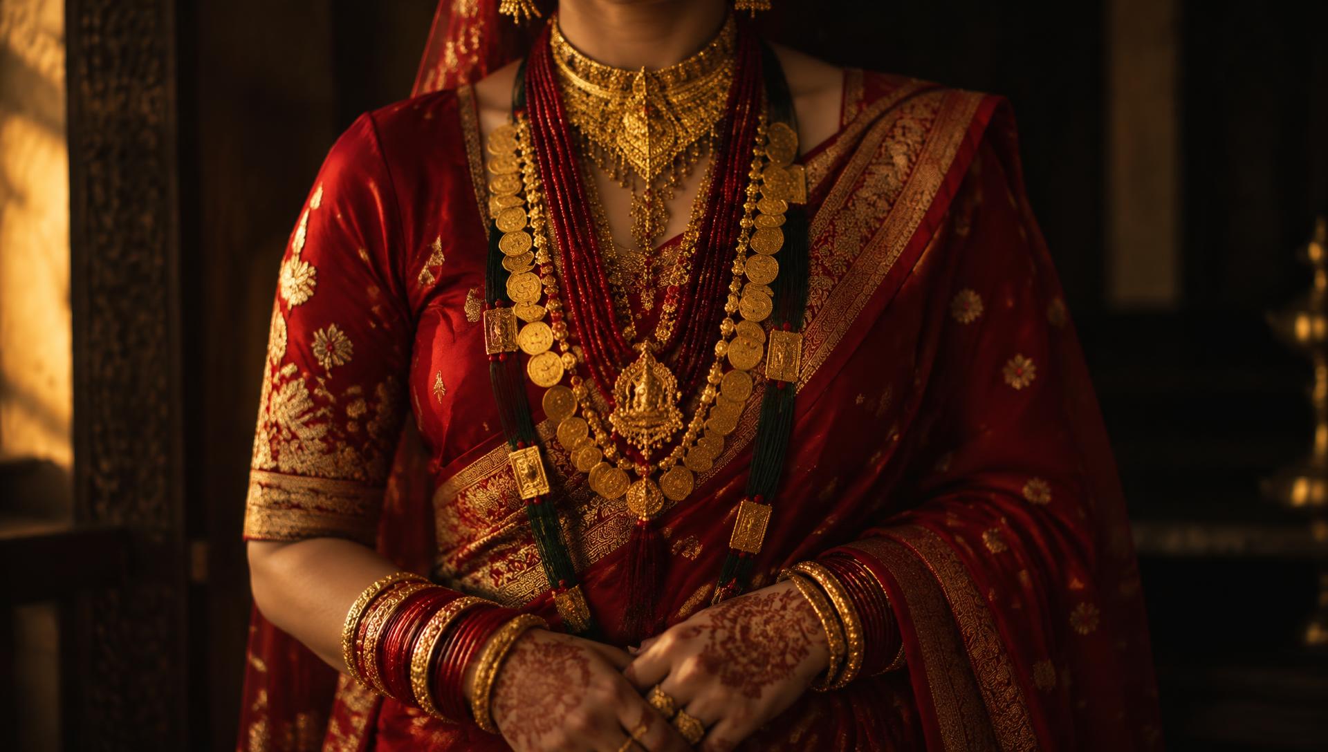 Nepalese bride in red sari wearing layered gold bridal jewellery