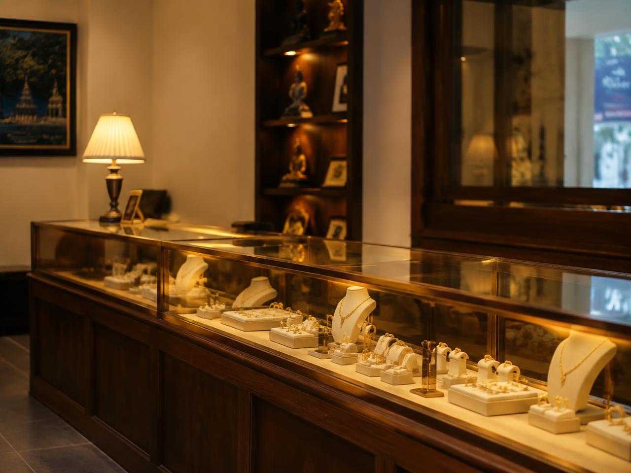 Jewellery display counter with warm lamp light